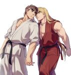  2boys aged_down bara black_hair blonde_hair couple eye_contact feet_out_of_frame headband heads_together holding_hands interlocked_fingers ken_masters looking_at_another male_focus multiple_boys pectoral_cleavage pectorals ryu_(street_fighter) short_hair standing street_fighter toned toned_male yaoi yuiofire 