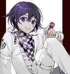  1boy bangs black_hair buttons checkered_clothes checkered_scarf danganronpa_(series) danganronpa_v3:_killing_harmony double-breasted food grin highres holding holding_food huyuharu0214 jacket knee_up male_focus multicolored_hair ouma_kokichi pants purple_eyes purple_hair red_background scarf short_hair signature smile solo teeth two-tone_hair white_background white_jacket white_pants 