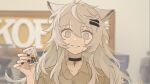  1girl animal_ears arknights black_collar black_nails brown_shirt collar collared_shirt cup grey_eyes grey_hair grin hair_ornament hairclip holding holding_cup indoors kaleka lappland_(arknights) long_hair looking_at_viewer messy_hair nail_polish scar scar_across_eye shirt smile solo wolf_ears 