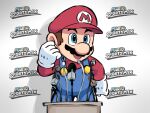  1boy blue_eyes blue_overalls brown_hair english_text facial_hair gloves hat highres mario mario_(series) mario_sports_mix microphone mustache open_mouth overalls press_conference red_headwear red_shirt shirt short_hair white_gloves ya_mari_6363 