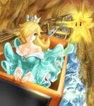  1girl absurdres aqua_dress aqua_eyes blonde_hair blue_dress breasts cave cleavage crown dress earrings hair_flowing_over hair_over_one_eye highres jewelry kurere1202 long_hair long_sleeves mario_(series) minecart off-shoulder_dress off_shoulder parted_lips purple_nails railroad_tracks riding rosalina star_(symbol) star_earrings water 