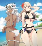  2girls alternate_costume animal_ears ash_(fire_emblem) ass ass_visible_through_thighs bare_arms bare_shoulders beach belt bikini black_belt black_bikini blue_sky breasts byleth_(female)_(fire_emblem) byleth_(female)_(fire_emblem)_(cosplay) byleth_(fire_emblem) cloud commentary_request corrin_(female)_(fire_emblem) corrin_(fire_emblem) cosplay cowboy_shot dagger dark-skinned_female dark_skin day fire_emblem fire_emblem:_three_houses fire_emblem_fates fire_emblem_heroes flower grey_eyes grey_hair groin hair_between_eyes hair_flower hair_ornament highres jarckius knife large_breasts long_hair looking_at_viewer multiple_girls navel pink_eyes red_flower rhea_(fire_emblem) rhea_(fire_emblem)_(cosplay) sky smile standing stomach swimsuit tail thighs underboob weapon white_bikini white_flower white_hair 