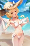  1girl 29hyeon absurdres beach bikini blonde_hair blue_sky blurry blurry_background blush bow breasts cleavage cloud collarbone cowboy_shot day flower genshin_impact groin hair_between_eyes hair_flower hair_ornament hat hat_bow highres hill holding horizon light_particles long_hair looking_at_viewer lumine_(genshin_impact) navel ocean open_mouth outdoors palm_tree sand see-through side-tie_bikini_bottom sidelocks sky small_breasts solo standing sun_hat swimsuit tree white_bikini white_bow white_flower yellow_eyes 