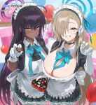  2girls :d ahoge apron asuna_(blue_archive) balloon bangs black_hair blue_archive blue_bow blue_bowtie blue_eyes blurry blurry_background blush bow bowtie box box_of_chocolates braid braided_bun breasts chocolate choker chopsticks commentary copyright copyright_name cowboy_shot dark-skinned_female dark_skin detached_collar earpiece elbow_gloves food frilled_apron frills gloves gradient_hair hair_bun hair_over_one_eye hair_ribbon halo heart-shaped_box holding holding_chocolate holding_chopsticks holding_food hood_(james_x) incoming_food karin_(blue_archive) large_breasts light_brown_hair looking_at_viewer maid_headdress mole mole_on_breast multicolored_hair multiple_girls official_art pantyhose puffy_sleeves purple_hair ribbon smile swept_bangs valentine waist_apron white_gloves white_pantyhose yellow_eyes 