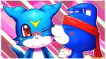  accessory anthro bandai_namco blue_body blue_fur blush canid canine digimon digimon_(species) duo fur gaomon headband hi_res horn kissing_cheek littlevdemagic male male/male mammal red_eyes scalie veemon 