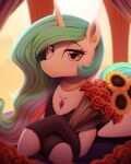  2023 absurd_res bouquet clothing digital_media_(artwork) equid equine eyebrows eyelashes female feral flower friendship_is_magic hasbro hi_res horn looking_at_viewer mammal my_little_pony plant princess_celestia_(mlp) smile solo sunflower thebatfang winged_unicorn wings 