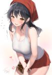  1girl black_hair blush breasts candy chocolate cleavage collarbone flying_sweatdrops food grey_tank_top head_scarf heart heart-shaped_chocolate long_hair looking_at_viewer medium_breasts melting nervous_smile original own_hands_together red_scarf red_skirt scarf signature simple_background skirt smile sweatdrop tank_top yaegashi_nan 