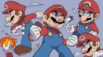  1boy blue_eyes blue_overalls boots brown_footwear brown_hair clenched_hands facial_hair fireball gloves hat highres mario mario_(series) multiple_views mustache open_mouth overalls red_headwear red_shirt shirt short_hair simple_background teeth white_gloves ya_mari_6363 