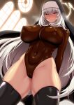 1girl black_thighhighs blue_archive blush breasts cameltoe chocolate chocolate_on_body chocolate_on_breasts covered_navel covered_nipples food_on_body grey_hair groin halo highres kanno_takanori large_breasts long_hair nun purple_eyes sakurako_(blue_archive) solo thighhighs veil 