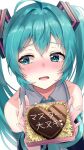  1girl absurdres ahoge aqua_eyes aqua_hair bare_shoulders blush candy chocolate collared_shirt crying crying_with_eyes_open food grey_shirt hatsune_miku heart heart-shaped_chocolate highres holding long_hair long_sleeves looking_away looking_to_the_side nose_blush shirt simple_background solo tatyaoekaki tearing_up tears translation_request twintails upper_body valentine very_long_hair vocaloid white_background 