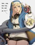  1boy androgyne_symbol androgynous bike_shorts bike_shorts_under_skirt black_gloves black_nails black_skirt blonde_hair blue_eyes blue_jacket breasts bridget_(guilty_gear) bulge commentary cowboy_shot cowlick cuffs english_commentary english_text fingerless_gloves gloves guilty_gear guilty_gear_strive hair_between_eyes handcuffs highres holding hood hood_up hooded_jacket jacket long_sleeves male_focus medium_hair miniskirt nail_polish open_clothes open_jacket open_mouth pleated_skirt puffy_long_sleeves puffy_sleeves simple_background skirt small_breasts teeth upper_teeth_only white_background yo-yo yoracrab zipper zipper_pull_tab 