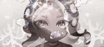  1girl air_bubble artist_name bubble choker coral covered_mouth eyes_visible_through_hair floating_hair gradient_background grey_theme highres long_hair looking_at_viewer octoling octoling_girl portrait solo splatoon_(series) splatoon_3 splatoon_3:_side_order straight-on suction_cups tambarin_inoue tentacle_hair twitter_username white_choker 
