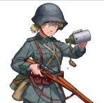  1girl blonde_hair canteen commission green_eyes gun helmet load_bearing_equipment mess_kit military military_helmet military_uniform original ostwindprojekt rifle sweatdrop uniform water_drop weapon weapon_request 