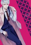  1boy absurdres bangs blue_pants coat commentary english_commentary english_text highres joshua_von_arnim long_sleeves male_focus overcoat pants pink_background simple_background smile solo tales_weaver tatam_(mmigaya) vest_over_shirt watch white_hair wristwatch 