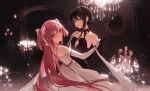  2girls absurdres akemi_homura akuma_homura black_gloves black_hair bow breasts chandelier choker dress elbow_gloves gloves hair_bow hair_ribbon hairband hand_on_another&#039;s_shoulder headband highres holding_hands kaname_madoka long_hair looking_at_viewer mahou_shoujo_madoka_magica multiple_girls parted_lips pink_eyes pink_hair purple_eyes purple_headband ribbon sliencio small_breasts smile ultimate_madoka white_bow white_gloves 