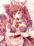  1girl alternate_hairstyle animal_ears apron argyle argyle_background bangs braid breasts brown_hair candy chocolate cleavage commentary_request food food_in_mouth heart heart-shaped_chocolate highres imaizumi_kagerou kemo_chiharu large_breasts long_hair looking_at_viewer maid maid_headdress own_hands_together red_eyes solo touhou valentine waist_apron white_apron wolf_ears wolf_girl 