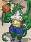  absurd_res anthro ball basketball_(ball) bottomwear clothed clothing countershade_neck countershade_tail countershade_torso countershading dragon green_body hi_res male masterelrest muscular muscular_anthro muscular_male shorts solo tail wings 