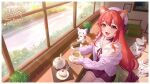  1girl bangs border cafe cat cat_girl choker commission cup fangs hat indie_virtual_youtuber indoors long_hair looking_at_viewer mushi_aoi neko_matsuri_(vtuber) open_mouth pantyhose red_eyes red_hair sitting skirt teacup teapot virtual_youtuber white_border 