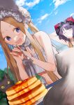  2girls abigail_williams_(fate) abigail_williams_(swimsuit_foreigner)_(third_ascension)_(fate) absurdres arm_behind_head bangs bikini black_cat black_hair blonde_hair blue_eyes blue_sky bonnet cat closed_eyes fate/grand_order fate_(series) food fork grey_bikini grin highres holding holding_fork katsushika_hokusai_(fate) katsushika_hokusai_(swimsuit_saber)_(fate) kenne_28 multiple_girls pancake pancake_stack sky smile swimsuit 