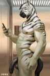  2023 anthro balls black_penis black_stripes chunie detailed_background digital_media_(artwork) elevator equid equine fur genitals hi_res humanoid_genitalia humanoid_penis looking_at_viewer male mammal muscular muscular_male nipples nude penis smile solo stripes white_body white_fur zebra 