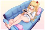  1girl bare_legs barefoot black_nails blonde_hair controller couch efreezerarts feet game_controller gamepad glasses green_eyes highres indie_virtual_youtuber long_hair nail_polish on_couch simple_background single_bare_shoulder soles toes virtual_youtuber 