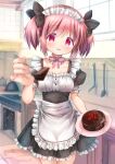  1girl absurdres apron bangs cake chocolate_cake commentary_request cowboy_shot detached_collar food fork highres holding holding_fork hoshikage_wataru indoors kaname_madoka kitchen looking_at_viewer mahou_shoujo_madoka_magica maid maid_headdress open_mouth pink_eyes pink_hair short_hair signature solo standing two_side_up valentine waist_apron white_apron 