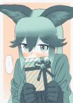  ... 1girl animal_ears blush box box_of_chocolates covering_face fox_ears fox_girl fur_trim gloves hair_between_eyes jacket kemono_friends long_hair long_sleeves looking_at_viewer sidelocks silver_fox_(kemono_friends) solo spoken_ellipsis sweatdrop yumeumi_sousaku 