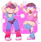  arm_up brothers embarrassed grin leg_up leg_warmers male_focus matsuno_karamatsu matsuno_todomatsu osomatsu-san pants sanjiro_(tenshin_anman) shoes siblings smile sneakers white_footwear workout_clothes yoga_pants 