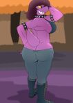  absurd_res anthro big_butt blush bottomwear bra breasts brown_hair butt clothed clothing deltarune female hair hi_res inviting kodota looking_back midriff muscular muscular_female narrowed_eyes non-mammal_breasts pants purple_body purple_scales rear_view reptile scales scalie shirt sitting solo susie_(deltarune) tail tail_motion tailwag thick_tail topwear undertale_(series) underwear yellow_eyes 