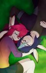  blue_hair brother brother_and_sister clothing domestic_cat duo eyes_closed felid feline felis female grass hair harmony_(nekinu_the_outsider) hi_res implied_incest male mammal melody_(nekinu_the_outsider) nekinu_the_outsider pink_hair plant sibling sister sleeping 