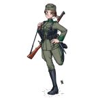  1girl absurdres bayonet black_footwear boots breeches brown_eyes brown_hair freckles garrison_cap gun gun_on_back hat helmet highres ireland leg_up load_bearing_equipment military military_hat military_uniform original ostwindprojekt rifle signature simple_background smile uniform weapon weapon_on_back 