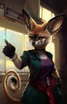  2023 anthro bjpentecost black_nose blue_eyes breasts canid canine clothed clothing digital_media_(artwork) ear_piercing ear_ring eyebrows eyelashes female fennec fox mammal piercing ring_piercing solo standing whiskers 