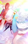  1girl absurdres asymmetrical_sleeves bangs black_ribbon blue_sleeves closed_eyes cloud cloudy_sky dress hair_over_one_eye hands_on_headphones headphones highres kenne_28 multicolored_clothes one_piece open_mouth ribbon sky solo thighs uneven_sleeves uta_(one_piece) wings 