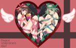  2girls ass barefoot bow box breasts brown_hair chromatic_aberration flat_chest gift gift_box green_eyes green_hair green_nails green_ribbon hat heart heart-shaped_box highres holding holding_gift large_breasts looking_at_viewer mouth_hold muchin_jousha multiple_girls nail_polish naked_ribbon nishida_satono nude one_eye_closed purple_eyes purple_nails purple_ribbon ribbon ribbon_in_mouth teireida_mai toenail_polish toenails toes touhou valentine 