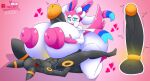 anthro big_breasts black_body black_fur breast_play breasts duo eeveelution erection felid female fur generation_2_pokemon generation_6_pokemon genitals hi_res male male/female mammal nintendo nipples nude penis pokemon pokemon_(species) ribbons sex simple_background sylveon thiccbuns titfuck umbreon 