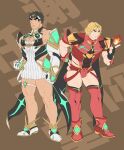  2boys alternate_costume bara bare_shoulders black_hair blonde_hair bulge cleavage_cutout clothing_cutout cosplay covered_abs covered_navel crossdressing dress flat_color full_body headband highres ken_masters large_pectorals leaning_forward looking_to_the_side male_focus multiple_boys muscular muscular_male mythra_(xenoblade) mythra_(xenoblade)_(cosplay) pectoral_cleavage pectorals pyra_(xenoblade) pyra_(xenoblade)_(cosplay) ryu_(street_fighter) short_hair street_fighter thick_thighs thighs tiara waist_cutout white_dress yuiofire 