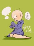  amazou bald barefoot blue_hoodie blush bottomless brown_eyes chibita cosplay embarrassed eye_contact facial_mark green_background hood hoodie implied_yaoi looking_at_another looking_to_the_side male_focus matsuno_karamatsu matsuno_karamatsu_(cosplay) osomatsu-san oversized_clothes seiza sitting sleeves_past_fingers sleeves_past_wrists whisker_markings 