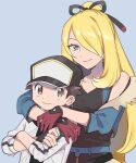  1boy 1girl baseball_cap blonde_hair blue_background brown_eyes brown_hair collarbone crossed_arms cynthia_(pokemon) cynthia_(sygna_suit)_(aura)_(pokemon) fingerless_gloves gloves grey_eyes hair_over_one_eye hat highres long_hair looking_at_viewer official_alternate_costume pokemon pokemon_(game) pokemon_masters_ex ponytail pumpkinpan red_(pokemon) red_(sygna_suit)_(thunderbolt)_(pokemon) red_gloves simple_background smile upper_body 