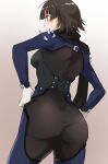  1girl ass black_scarf bodysuit braid brown_hair corset cowboy_shot crown_braid facing_away from_behind gloves hands_on_hips highres kurosususu long_sleeves medium_hair niijima_makoto pantylines parted_lips persona persona_5 red_eyes scarf shoulder_spikes solo spikes sweat 