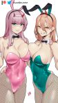  2girls animal_ears aqua_leotard asymmetrical_docking bare_shoulders black_bow black_bowtie black_hairband blue_eyes bow bowtie breast_press breasts chainsaw_man commentary covered_navel cowboy_shot damodar darling_in_the_franxx detached_collar fake_animal_ears fishnet_pantyhose fishnets grin hairband highres horns large_breasts leotard long_hair looking_at_viewer multiple_girls pantyhose pink_hair pink_leotard power_(chainsaw_man) rabbit_ears simple_background smile standing strapless strapless_leotard thighs white_background yellow_eyes zero_two_(darling_in_the_franxx) 
