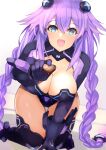  1girl absurdres bimmy blue_eyes blush braid breasts candy chocolate cleavage food gloves hair_between_eyes hair_ornament happy heart heart-shaped_chocolate highres large_breasts long_hair neptune_(series) open_mouth power_symbol purple_hair purple_heart smile solo symbol-shaped_pupils twin_braids twintails valentine white_background 