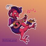  absurd_res astralynx bard bovid_horn bow_accessory caprine_horn dungeons_and_dragons hasbro hi_res horn kobold lute musical_instrument playing_music plucked_string_instrument ram_horn red_body red_scales scales string_instrument tricorn_hat wizards_of_the_coast yellow_eyes 