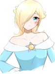  1girl aqua_dress aqua_eyes blonde_hair blue_eyes brooch crown crown_removed dress earrings highres jewelry long_hair looking_at_viewer mario_(series) off-shoulder_dress off_shoulder rosalina simple_background solo super_mario_galaxy tomatomiya upper_body white_background 