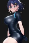  1girl absurdres black_background black_gloves black_leotard blue_archive blue_hair breasts chihiro_(blue_archive) futsukayoi glasses gloves grey_eyes hair_ornament hairpin highres large_breasts leotard semi-rimless_eyewear short_hair simple_background thighs 