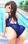  1girl absurdres arm_support ass back back_cutout bangs bare_shoulders blue_one-piece_swimsuit blurry blush brown_eyes brown_hair cameltoe clothing_cutout commentary competition_swimsuit depth_of_field eyelashes from_behind half-closed_eyes highres idolmaster idolmaster_cinderella_girls long_hair looking_at_viewer looking_back nitta_minami nose one-piece_swimsuit open_mouth outdoors parted_bangs pool pussy sidelocks solo straight_hair sweat swimsuit techi_(techi35499) thigh_gap thighs 