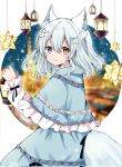  1girl :3 animal_ears bangs blue_eyes blurry blurry_background blush capelet commission constellation_hair_ornament dress fox_ears fox_girl fox_tail frilled_capelet frilled_dress frills from_behind glowing hair_ornament hairclip hanging_lantern heterochromia holding holding_lantern kokoshira_0510 lantern long_hair long_sleeves looking_at_viewer looking_back original ribbon skeb_commission sleeve_ribbon small_stellated_dodecahedron smile snowflake_hair_ornament solo tail tail_ornament tail_ribbon tail_through_clothes two_side_up white_hair yellow_eyes 