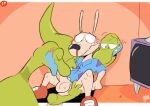  animated anthro balls blush bodily_fluids chameleon chuck_(rocko&#039;s_modern_life) clothed clothing digital_media_(artwork) embarrassed erection fellatio genital_fluids genitals group group_sex hi_res leon_(rocko&#039;s_modern_life) lizard macropod male male/male mammal marsupial nickelodeon nude oral penile penis reptile rocko&#039;s_modern_life rocko_rama scalie sex simple_background sodacaps threesome trio wallaby 