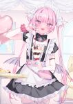  1girl :d apron bag balloon bangs bat_wings black_bow black_dress blush bow choker cowboy_shot dress food frilled_apron frilled_dress frills heart_balloon heart_o-ring highres ice_cream koyubita long_hair maid maid_apron maid_headdress open_mouth original pink_bag pink_eyes pink_hair puffy_short_sleeves puffy_sleeves ribbon_choker scrunchie short_dress short_sleeves sidelocks signature smile solo square_neckline teeth twintails upper_teeth_only very_long_hair white_apron wings wrist_scrunchie 