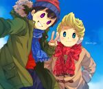  2boys artist_name beanie black_hair blonde_hair blue_eyes blue_scarf blue_sky blush brown_coat closed_mouth coat commentary_request day duffel_coat earmuffs fur-trimmed_hood fur_trim green_coat grin hand_up hands_in_pockets hat hood hood_down hooded_coat long_sleeves lucas_(mother_3) male_focus mother_(game) mother_2 mother_3 multiple_boys mxx_gm ness_(mother_2) open_clothes open_coat outdoors pocket purple_eyes quiff red_headwear red_scarf red_sweater scarf selfie short_hair sky sleeves_past_wrists smile standing sweater teeth twitter_username v 