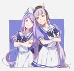  2girls animal_ears arms_under_breasts bangs blunt_bangs bow bowtie breasts brown_headwear closed_mouth crossed_arms ear_bow flat_chest frown gold_ship_(umamusume) grey_hair grin hat highres horse_ears horse_girl horse_tail long_hair looking_at_another medium_breasts mejiro_mcqueen_(umamusume) multiple_girls pink_eyes purple_eyes purple_hair purple_shirt school_uniform shirt short_sleeves skirt smile tail tracen_school_uniform twitter_username umamusume v-shaped_eyebrows white_skirt yezi_(yo10ru29ko) 